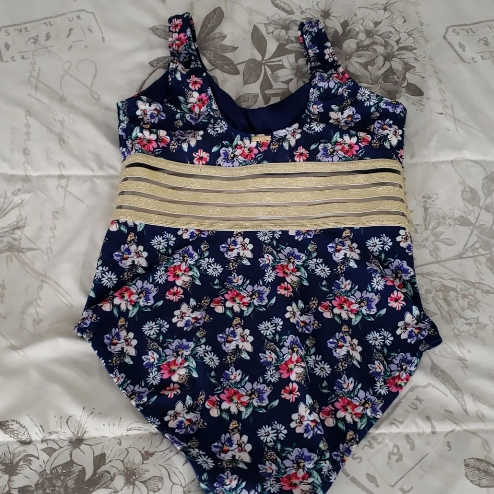 Nicole Miller New York Floral Navy With Gold Mesh One-piece